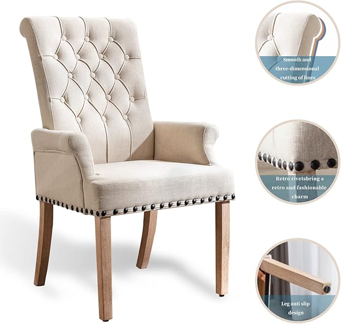Dining Room Chairs with Arms,Tufted Upholstered High Back Nailed Trim with Untique Oak Wood Legs for Kitchen Restaurant Room Bedroom (Beige) - LeafyLoom