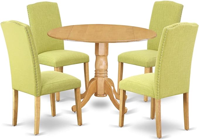 East West Furniture Dublin 5 Piece Kitchen Set includes a Round Table with Dropleaf and 4 Limelight Linen Fabric Parson Dining Chairs, 42x42 Inch, DLEN5-OAK-07 - LeafyLoom