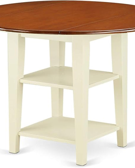 East West Furniture SUWE5-BMK-W 5 Piece Set for 4 Includes a Round Table with Dropleaf & Shelves and 4 Kitchen Dining Chairs, 42x42 Inch, Buttermilk & Cherry - LeafyLoom