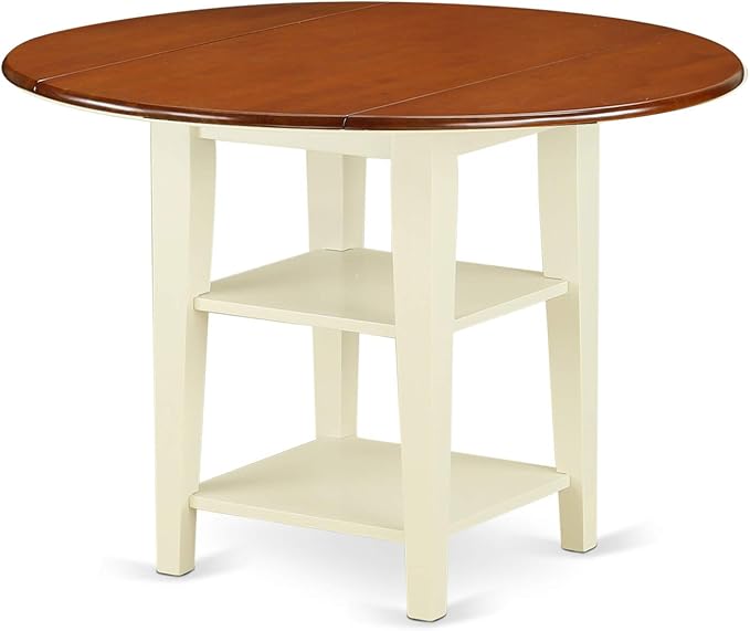 East West Furniture SUWE5-BMK-W 5 Piece Set for 4 Includes a Round Table with Dropleaf & Shelves and 4 Kitchen Dining Chairs, 42x42 Inch, Buttermilk & Cherry - LeafyLoom