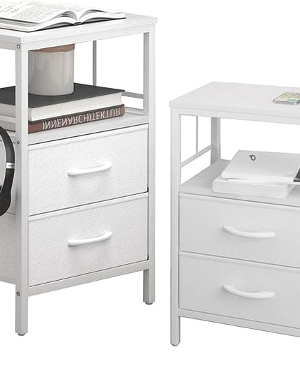 Nightstands set 2 for Bedroom Decor, Bedside Table with Charging Station, Night Stands with Fabric Drawers and Open Shelf, Side Table with USB Ports & Outlets(White,2) - LeafyLoom