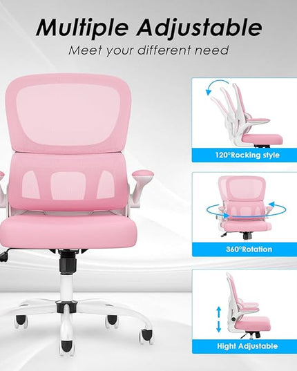 Soohow Ergonomic Home Office Chair, Mesh Desk Chair with Lumbar Support, Comfy Computer Desk Chair with Flip Armrest Rolling Wheels, Pink. - LeafyLoom