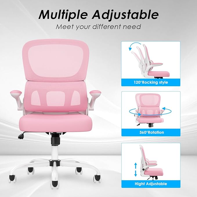 Soohow Ergonomic Home Office Chair, Mesh Desk Chair with Lumbar Support, Comfy Computer Desk Chair with Flip Armrest Rolling Wheels, Pink. - LeafyLoom