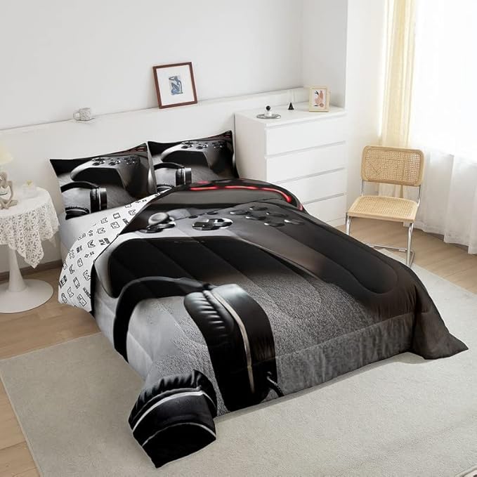Feelyou Gaming Bedding Set Boys Game Controller Comforter for Kids Girls Teens Modern Gamer Headset Comforter Set Youth Gaming Console Video Game Decor Duvet Set with 1 Pillow Case Twin Size Black - LeafyLoom