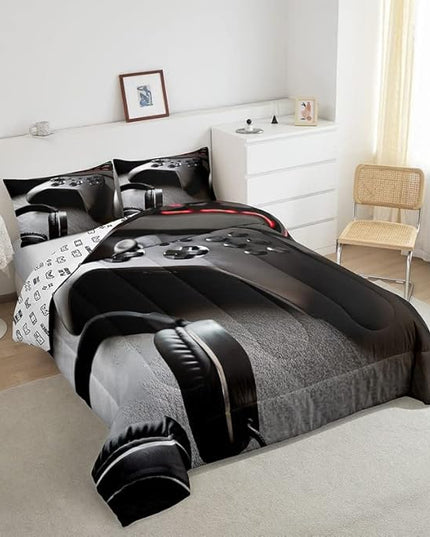 Feelyou Gamepad Bedding Set Boys Game Controller Comforter for Kids Girls Teens Modern Gamer Headset Comforter Set Youth Gaming Console Video Game Decor Duvet Set with 2 Pillow Case Queen Size Black - LeafyLoom