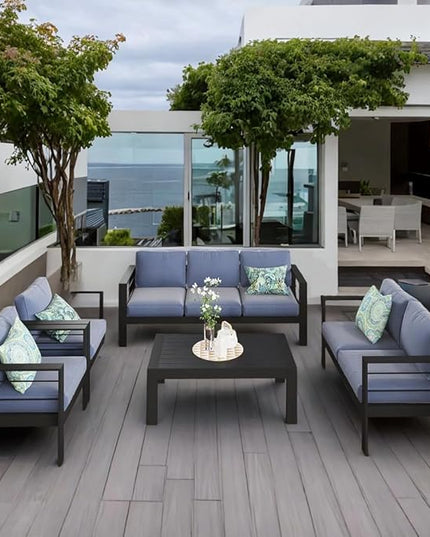 Solaste Aluminum Patio Furniture Set,5 Pieces Modern Outdoor Conversation Set Sectional Sofa with Upgrade Cushion and Coffee Table,Black Frame and Blue Cushion - LeafyLoom
