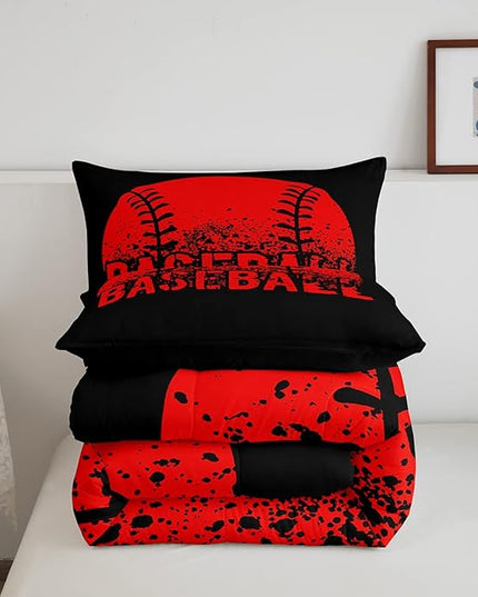 Baseball Comforter Set King Size Kids Red Black Sports Quilt Bedding Set For Boys Girls,Reversible Black Bedding Comforter Sets Soft Lightweight For All Season,1 Comforter And 2 Pillow Cases - LeafyLoom