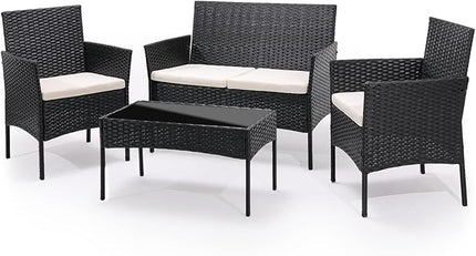 MoNiBloom 4 Pieces Patio Furniture Sets, Non Slip Foot Pads Wicker Rattan Sofa Chair with Soft Cushions and Sturdy Coffee Table for Backyard Porch Garden Poolside Balcony, Capacity 250 lbs, Black - LeafyLoom