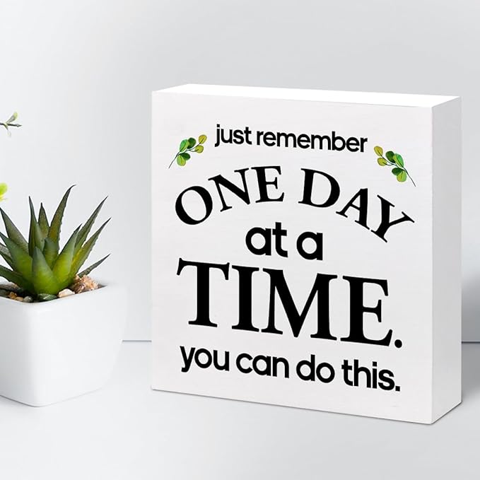 Just Remember One Day at a Time You can Do This Wood Block Sign Desk Decor,Motivational Reminder Wooden Box Plaque Sign Desk Decor for Home Office Workplace Shelf Table Decorations - LeafyLoom