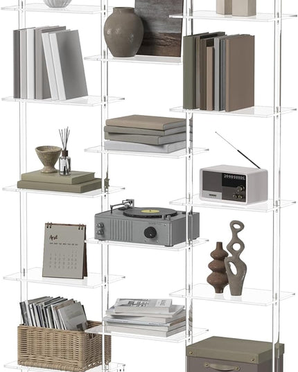 Acrylic Bookshelf, Wall Mounted, 5-Tier Clear Ladder Bookshelf with 14 Open Shelves, Multipurpose Bookcase for Living Room, Bathroom, Office, Modern, 9.5" D x 43.5" W x 72.8" H - LeafyLoom