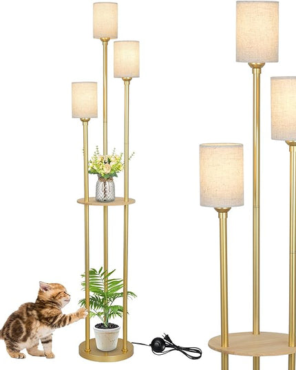 Floor Lamps for Living Room, 3-Lights Modern Floor Lamp with Shelves, Gold Standing Lamp with Fabric Shade and Foot Switch, Shelf Standing Lamps with Table, Tall Table Lamps for Bedroom Office - LeafyLoom