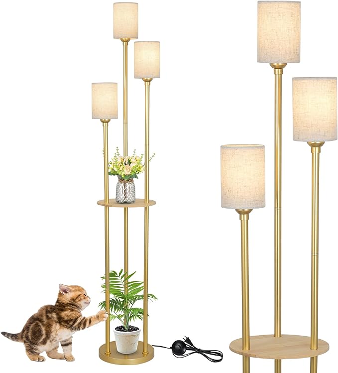 Floor Lamps for Living Room, 3-Lights Modern Floor Lamp with Shelves, Gold Standing Lamp with Fabric Shade and Foot Switch, Shelf Standing Lamps with Table, Tall Table Lamps for Bedroom Office - LeafyLoom