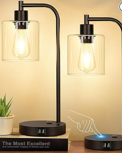 Set of 2 Industrial Touch Control Table Lamps with 2 USB Ports and AC Outlet - 3-Way Dimmable Black Bedside Lamps Nightstand Desk Lamps for Bedroom Living Room, Glass Shade & 2 LED Bulbs Included - LeafyLoom