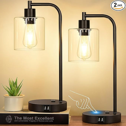 Set of 2 Industrial Touch Control Table Lamps with 2 USB Ports and AC Outlet - 3-Way Dimmable Black Bedside Lamps Nightstand Desk Lamps for Bedroom Living Room, Glass Shade & 2 LED Bulbs Included - LeafyLoom