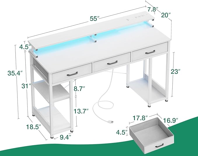 AODK 55 inch Computer Desk with 3 Drawers, Gaming Desk with LED Lights & Power Outlets, Home Office Desk with Storage Shelves & Monitor Stand, Modern Work Study Writing Table for Small Spaces, White - LeafyLoom