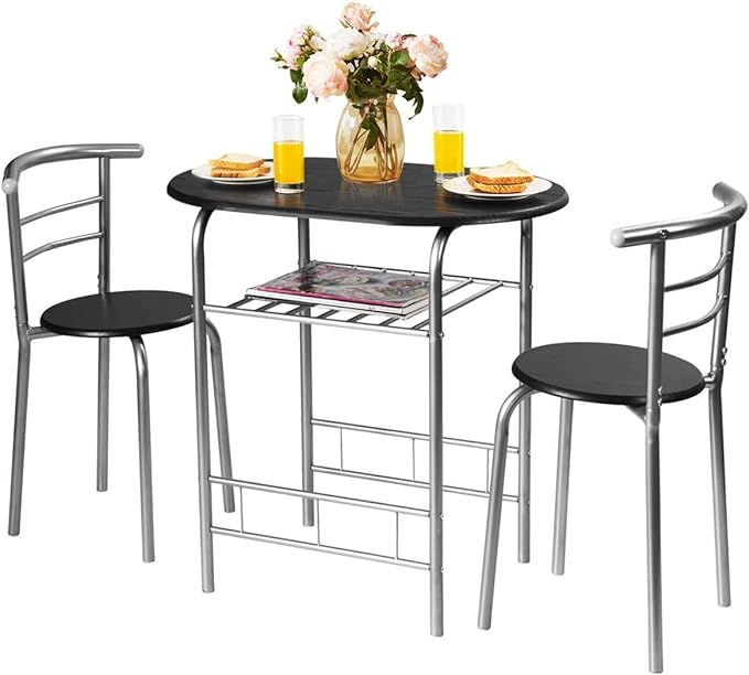 FANTASK 3 Pieces Dining Set, Breakfast Table Set w/Metal Frame and Storage Shelf, Compact Table and 2 Chairs Set for Home Bistro Pub Apartment Kitchen Dining Room Cafe - LeafyLoom