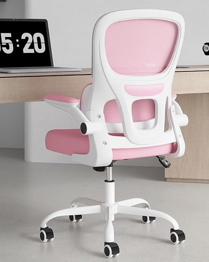 Soohow Ergonomic Home Office Chair, Mesh Desk Chair with Lumbar Support, Comfy Computer Desk Chair with Flip Armrest Rolling Wheels, Pink. - LeafyLoom