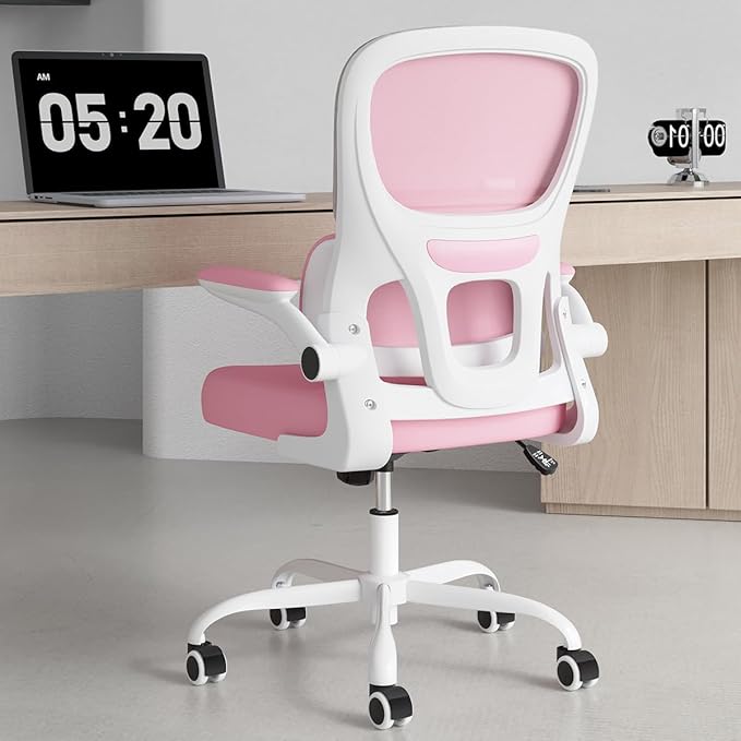 Soohow Ergonomic Home Office Chair, Mesh Desk Chair with Lumbar Support, Comfy Computer Desk Chair with Flip Armrest Rolling Wheels, Pink. - LeafyLoom