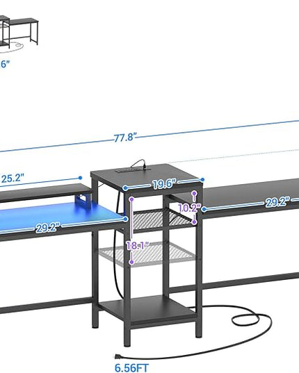 Unikito 2 Person Computer Desk with LED Light and Power Outlet, Double Gaming Desk, Large Workstation with Storage and Printer Stand, Long Desk, Office Work Desk with Shelf, Writing Study Table, Black - LeafyLoom