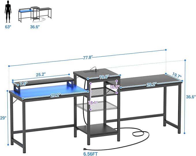Unikito 2 Person Computer Desk with LED Light and Power Outlet, Double Gaming Desk, Large Workstation with Storage and Printer Stand, Long Desk, Office Work Desk with Shelf, Writing Study Table, Black - LeafyLoom
