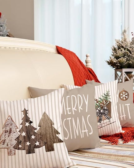 GEEORY Christmas Pillow Covers 20 x 20 Inch Set of 4, Striped Wooden Tree Snow Sleigh Merry Bright Xmas Holiday Decor Decorative Throw Cushion Case Decoration for Home Party Sofa Couch (Brown) GEEORY