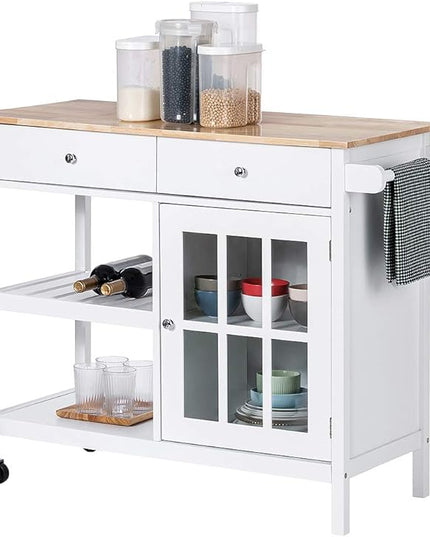 ChooChoo Rolling Kitchen Island, Portable Kitchen Cart Wood Top Kitchen Trolley with Drawers and Glass Door Cabinet, Wine Shelf, Towel Rack, White - LeafyLoom