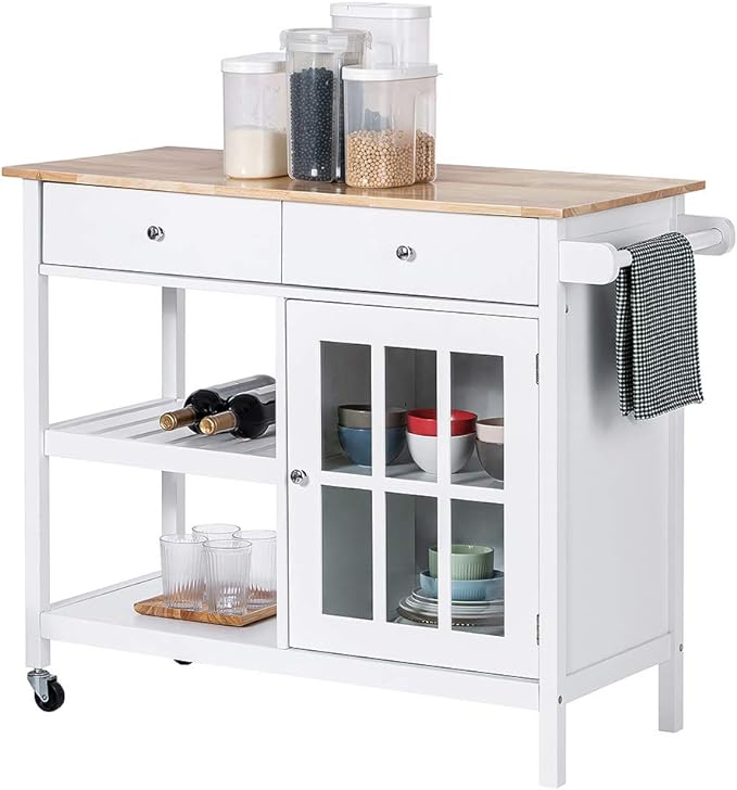 ChooChoo Rolling Kitchen Island, Portable Kitchen Cart Wood Top Kitchen Trolley with Drawers and Glass Door Cabinet, Wine Shelf, Towel Rack, White - LeafyLoom