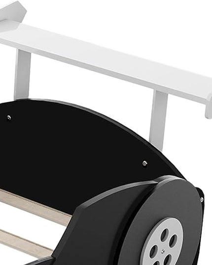 Twin Size Racecar Bed for Big Boys,Wood Platform Bedframe with Wheels & Safety Guardrail,Slats Support,Easy Assembly,Toddlers Kids Car Floor Beds for Fun Children's Bedroom,Black - LeafyLoom