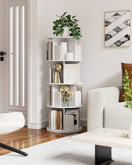 OTK Rotating Bookshelf, 360° Display Standing Book Shelf Organizer, 4 Tier Wooden Corner Bookshelves for Small Space, Small Bookcase Storage Rack for Kids' Room, StudyRoom, Bedroom, White - LeafyLoom