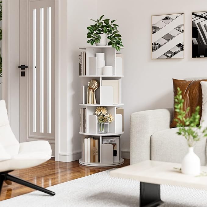 OTK Rotating Bookshelf, 360° Display Standing Book Shelf Organizer, 4 Tier Wooden Corner Bookshelves for Small Space, Small Bookcase Storage Rack for Kids' Room, StudyRoom, Bedroom, White - LeafyLoom