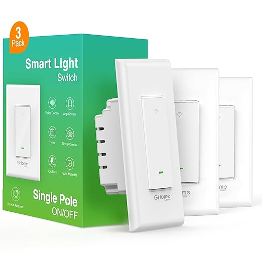 GHome Smart Switch,Smart Wi-Fi Light Switch Compatible with Alexa and Google Assistant 2.4Ghz, Single-Pole,Neutral Wire Required,UL Certified,Remote/Voice Control, No Hub Required (3 Pack) GhomeSmart