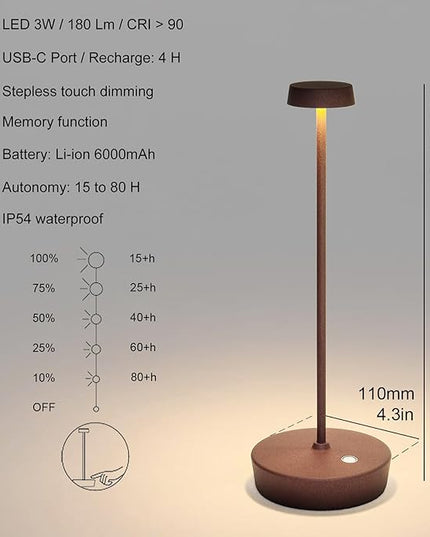 2 Pack Rechargeable Cordless Table Lamp Outdoor Portable LED Battery Operated Light - 3 Color Temperatures Touch Dimmable, IP54 Protection, Suitable for Indoor or Outside (Rust) - LeafyLoom