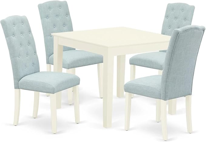 East West Furniture OXCE5-LWH-15 Oxford 5 Piece Dining Room Set Includes a Square Wooden Table and 4 Baby Blue Linen Fabric Upholstered Parson Chairs, 36x36 Inch - LeafyLoom