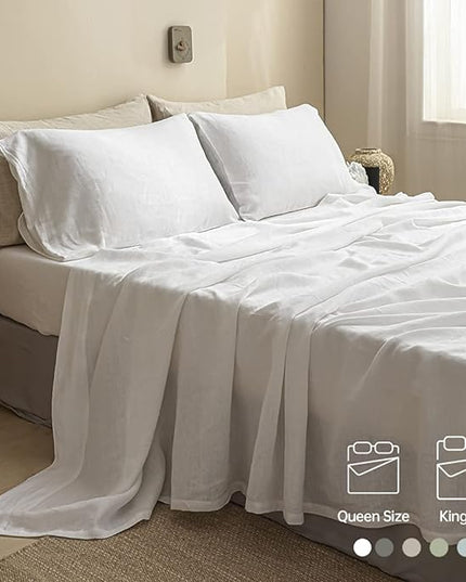 Simple&Opulence 100% Linen Sheet Set Solid Color-4 Pcs Washed French Linen Bed Sheets(1 Flat Sheet,1 Fitted Sheet,2 Pillowcases)-Breathable Bedding Set (White, Queen) - LeafyLoom