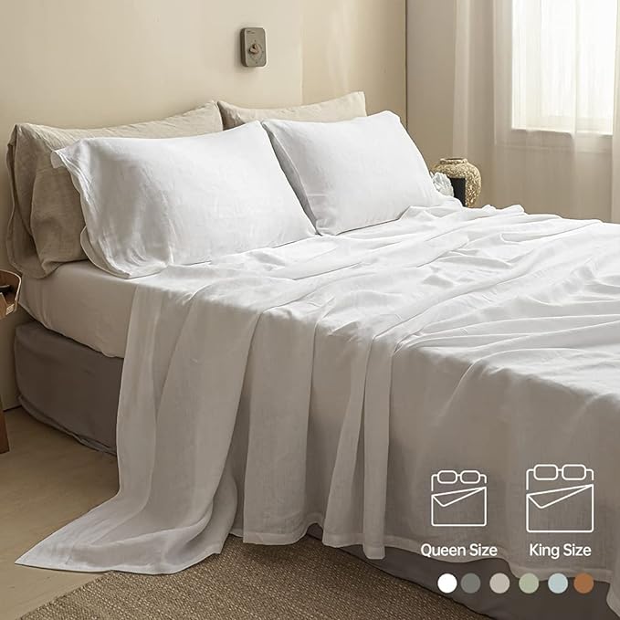 Simple&Opulence 100% Linen Sheet Set Solid Color-4 Pcs Washed French Linen Bed Sheets(1 Flat Sheet,1 Fitted Sheet,2 Pillowcases)-Breathable Bedding Set (White, Queen) - LeafyLoom