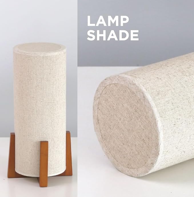 KUNJOULAM Modern Small Table Lamps, Nightstand Lamp with Linen Fabric Shade, 13.9" Cylinder Bedside Table Lamp for Bedroom, Cafe, Living Room Home Decor - LeafyLoom