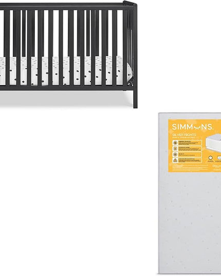 Delta Children Heartland 4-in-1 Convertible Crib, Black + Twinkle Galaxy Crib and Toddler Mattress (Bundle) - LeafyLoom