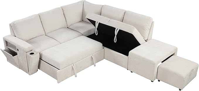 90.6'' L-shaped Modular Sectional Sofa with Storage Space, Ottoman and Pull-Out Bed, 6 Seat Upholstered Couch w/USB Ports & Cup Holders, for Living Rooms, Offices, Apartments, Beige, 90.6 Inch - LeafyLoom