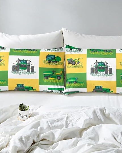 Boys Cartoon Truck Car Down Comforter King Size Kids Construction Vehicles Tractor Comforter Set for Kids Children Farm Excavator Bedding Set Construction Site Cars Duvet Set, Green Yellow - LeafyLoom