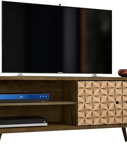Manhattan Comfort Liberty Mid Century Modern TV Stand for Televisions up to 60 Inches, Bedroom and Living Room Entertainment Center with Storage, Shelves, and Cabinet, 63" Wide, Rustic Brown/3D Brown - LeafyLoom