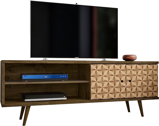 Manhattan Comfort Liberty Mid Century Modern TV Stand for Televisions up to 60 Inches, Bedroom and Living Room Entertainment Center with Storage, Shelves, and Cabinet, 63" Wide, Rustic Brown/3D Brown - LeafyLoom