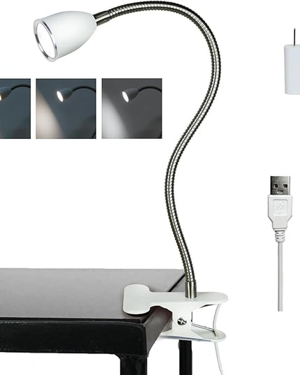 Desk lamp Eye-Caring Table Lamps, 360°Rotation Gooseneck Clip on Lamp Reading Light, Portable Reading Book Light, Clamp Light, Study Desk Lamps for Bedroom and Office Home Lighting (White-C01) - LeafyLoom