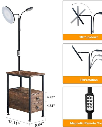 Dungoo 59" LED Floor Lamp with Table, End Table with Adjustable Reading Light, Side Table with USB & Type-C Ports and 2 Outlets, Narrow End Table with Lamp Attached for Living Room Bedroom - LeafyLoom