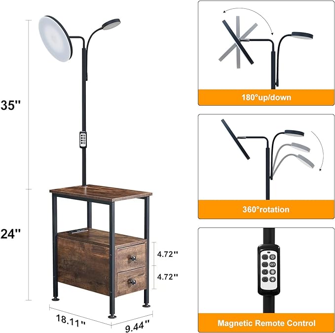 Dungoo 59" LED Floor Lamp with Table, End Table with Adjustable Reading Light, Side Table with USB & Type-C Ports and 2 Outlets, Narrow End Table with Lamp Attached for Living Room Bedroom - LeafyLoom