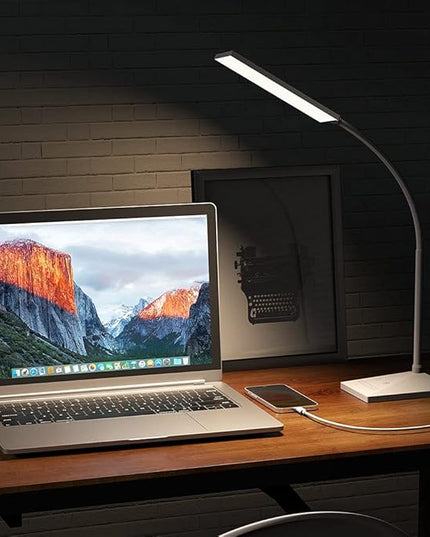 Vansuny LED Desk Lamp with USB Charging Port, Eye-Caring, 5 Color Modes,6 Brightness Levels, Touch Control, Flexible Gooseneck, Memory Function for Dorm Office Work Bedroom (12W,White) - LeafyLoom