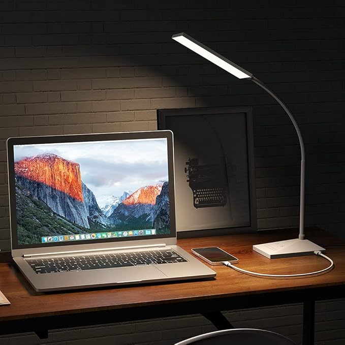 Vansuny LED Desk Lamp with USB Charging Port, Eye-Caring, 5 Color Modes,6 Brightness Levels, Touch Control, Flexible Gooseneck, Memory Function for Dorm Office Work Bedroom (12W,White) - LeafyLoom