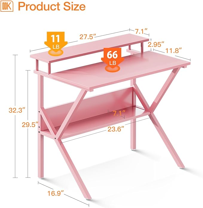 ODK Small Desk, 27.5 Inch Small Computer Desk for Small Spaces, Compact Desk with Storage, Tiny Desk Study Desk with Monitor Stand for Home Office, Pink - LeafyLoom