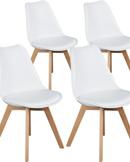 OLIXIS Set of 4 Dining Kitchen Mid-Century Modern Chairs with Wood Legs and PU Leather Cushion for Living Room Bedroom Outdoor Lounge, White - LeafyLoom