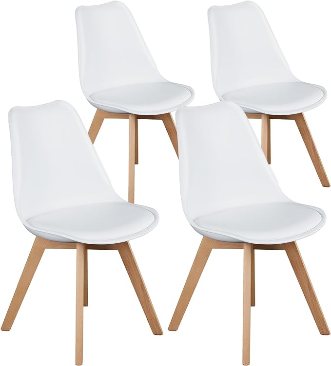 OLIXIS Set of 4 Dining Kitchen Mid-Century Modern Chairs with Wood Legs and PU Leather Cushion for Living Room Bedroom Outdoor Lounge, White - LeafyLoom