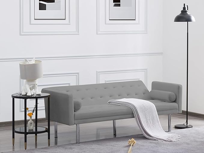 Mid-Century Living Room Furniture Sets Modern Tufted Loveseat Sofa with Adjusting Backrest & 2 Pillows Metal Legs Comfy Couch Folding Daybed for Small Spaces Office,Grey Sofá, Gray-1 - LeafyLoom